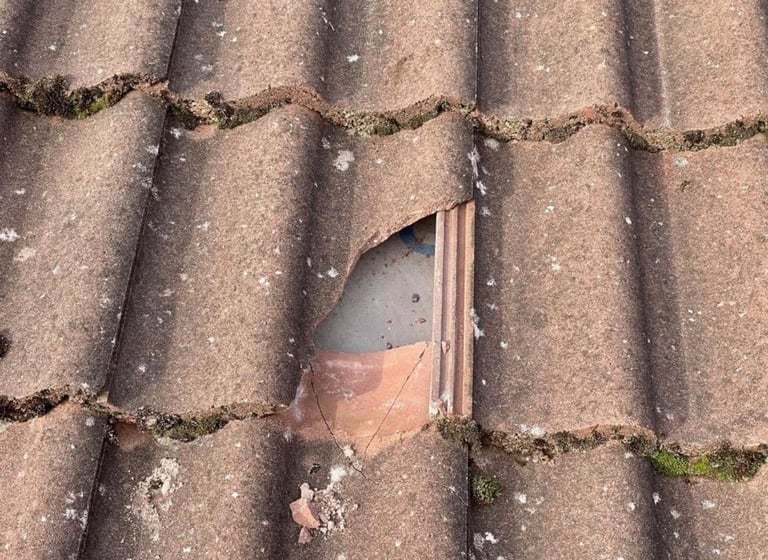 Damaged roof tile with a broken clay tile creating an opening, exposing the underlayment beneath. Moss visible on surrounding tiles.